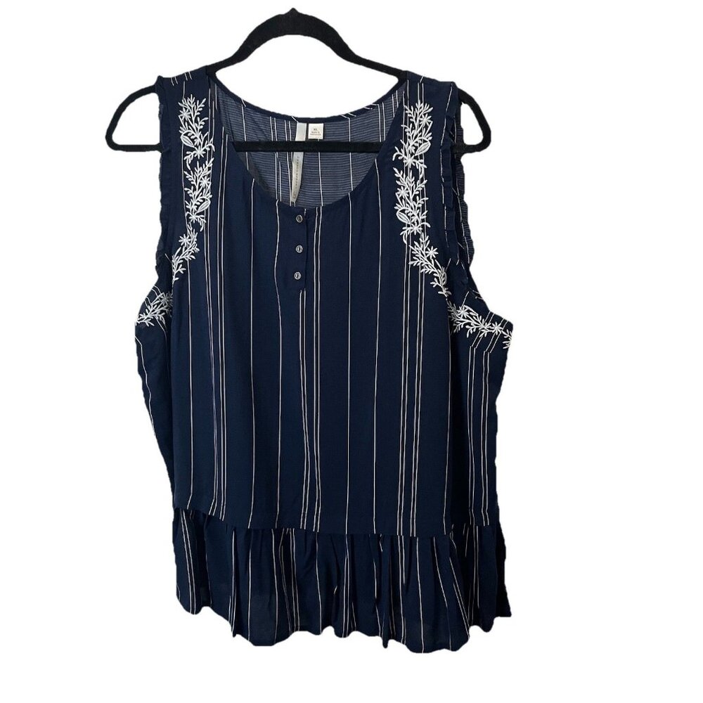 LC Lauren Conrad Blue White Striped Embroidered Sleeveless Ruffle Top Womens XL